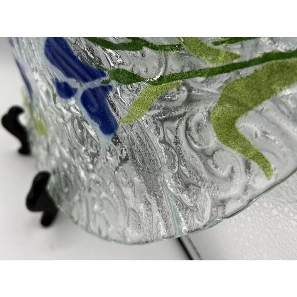 Platter Bowl Glass Japanese Iris Star Flowers Serving Dish Painted Scalloped 12" - Picture 10 of 10
